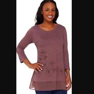 LOGO Lori Goldstein Maple Slub Tunic Floral Embellishments Small